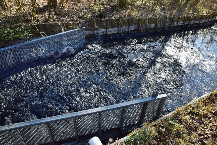 De bagger wordt over de bodem richting graafmachine geschoven. De bagger wordt over de bodem richting graafmachine geschoven.