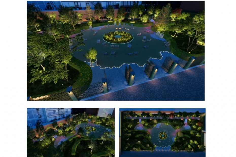 Impressie van ontwerp Houthavens Botanique met avondverlichting Impressie van ontwerp Houthavens Botanique met avondverlichting