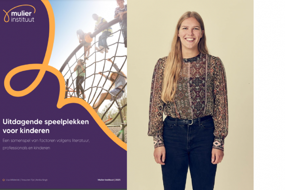 Cover van het onderzoek 'Uitdagende speelplekken voor kinderen' (Mulier Instituut 2025) en onderzoeker Tessa ten Tije