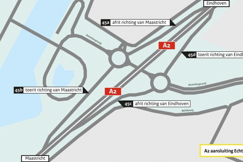 Kaart met afsluiting van oprit Echt (45d) bij de A2 Kaart met afsluiting van oprit Echt (45d) bij de A2