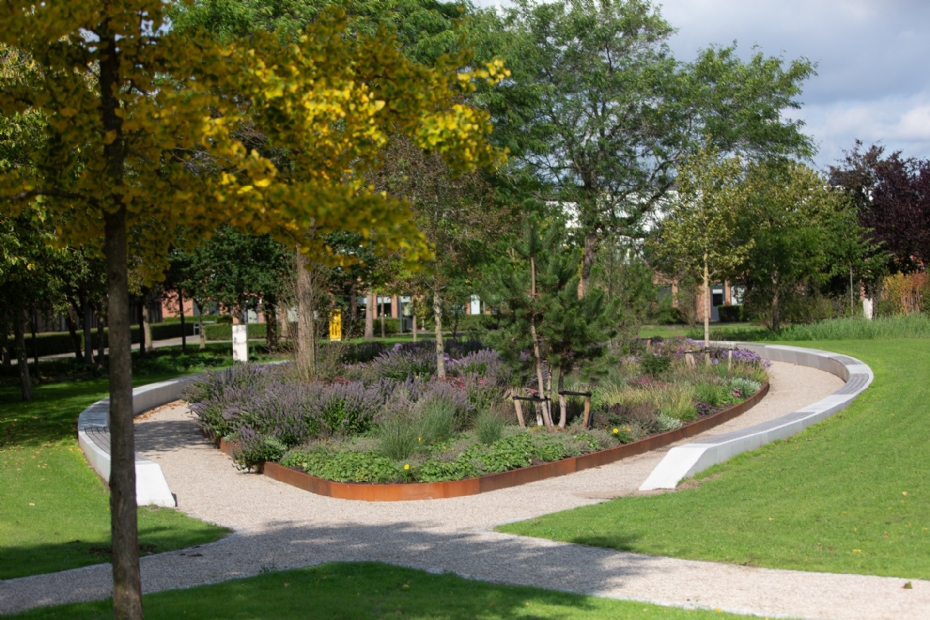 De plantenbak in het midden van het park heeft de vorm van een blad De plantenbak in het midden van het park heeft de vorm van een blad