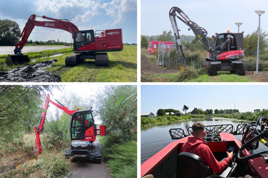 Met de klok mee: rechtsboven Sunward SWE240 elektrische kraan, elektrische Mecalac E12, elektrische Innomach Raptor maaiboot en Hooby LC100 Met de klok mee: rechtsboven Sunward SWE240 elektrische kraan, elektrische Mecalac E12, elektrische Innomach Raptor maaiboot en Hooby LC100