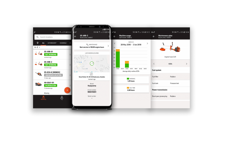 De machine maakt via de smartphone van de gebruiker contact met het systeem. De machine maakt via de smartphone van de gebruiker contact met het systeem.