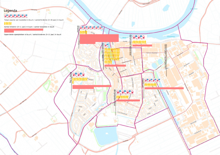Figuur 4: Verdeling waarde, aantal toestellen en oppervlakte speelplekken per buurt Figuur 4: Verdeling waarde, aantal toestellen en oppervlakte speelplekken per buurt