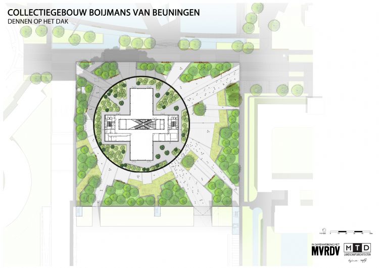 De ontwerpschets: de lijnen vetrekken vanuit het centrum van het kruisvormige paviljoen en lopen als zonnestralen als het ware van het dak af naar het maaiveld. Om het lijnenspel intact te houden, moest de groenaannemer de betonnen verharding langs de ont De ontwerpschets: de lijnen vetrekken vanuit het centrum van het kruisvormige paviljoen en lopen als zonnestralen als het ware van het dak af naar het maaiveld. Om het lijnenspel intact te houden, moest de groenaannemer de betonnen verharding langs de ont