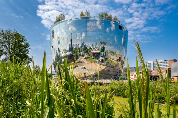 De gevel spiegelt de groene omgeving op maaiveldniveau. De gevel spiegelt de groene omgeving op maaiveldniveau.