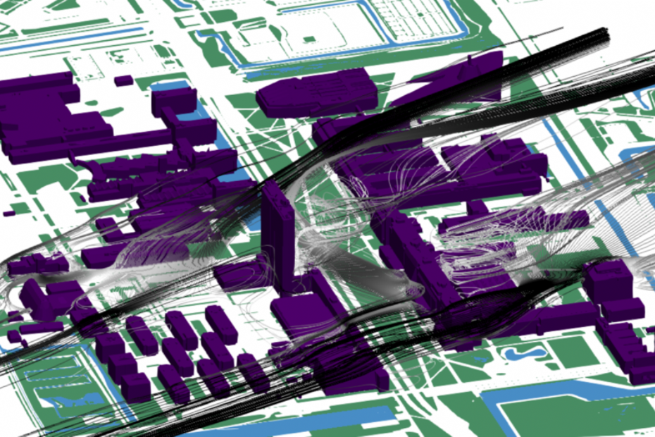 Windberekeningen via UrbanAIR op de campus van TU Delft. Beeld: TU Delft