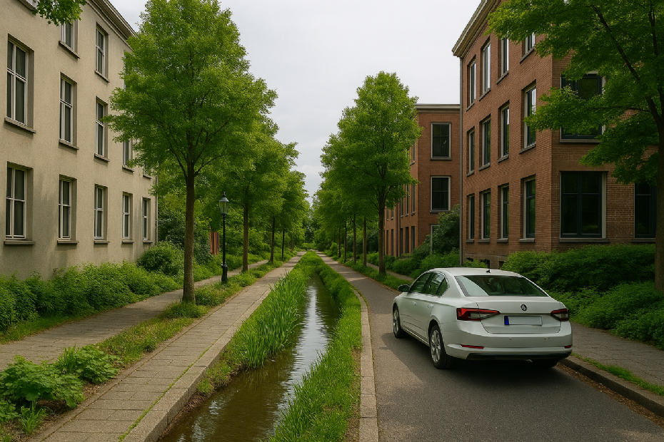Straat met groen en water, beeld ter illustratie en gegenereerd met AI