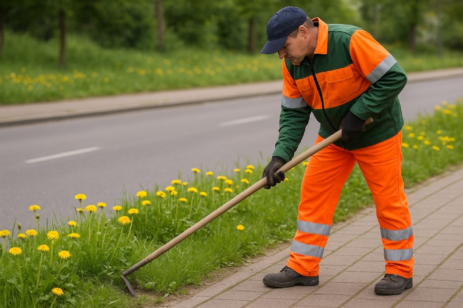 Hovenier aan het schoffelen (beeld gegenereerd met AI)