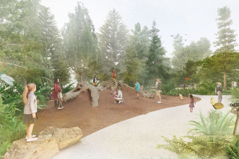 Een impressie van de klimdino in de Oertuin van Naturalis Een impressie van de klimdino in de Oertuin van Naturalis