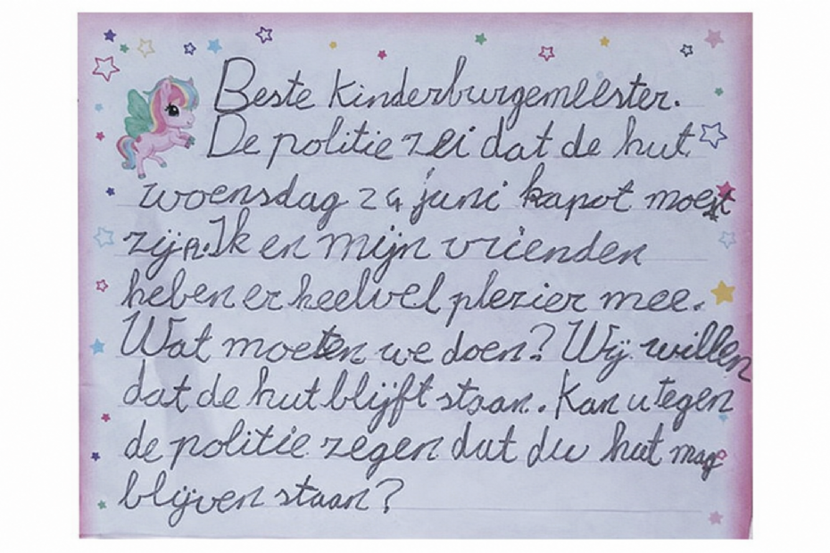 Een 'bezwaarschrift' van de huttenbouwers, gericht aan de Kinderburgermeester Een 'bezwaarschrift' van de huttenbouwers, gericht aan de Kinderburgermeester
