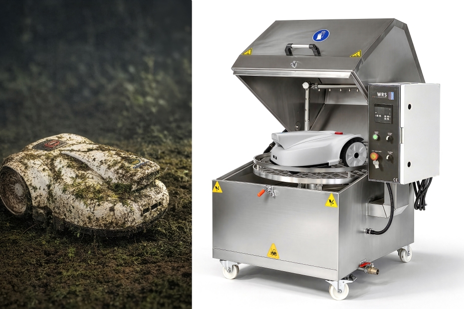 Links de robotmaaier en rechts de PWM 1000 WRS reinigingsmachine (beeld via: WRS Holland)